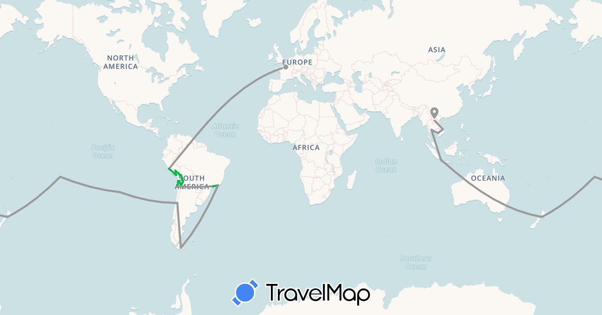 TravelMap itinerary: driving, bus, plane in Argentina, Bolivia, Brazil, Chile, France, Indonesia, Cambodia, Laos, New Zealand, Peru, French Polynesia, Thailand, Vietnam (Asia, Europe, Oceania, South America)